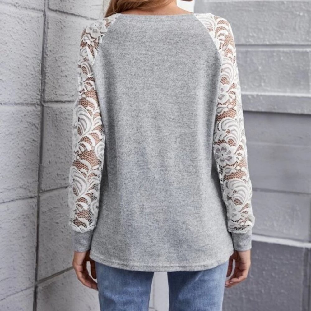 Causal lace details Long sleeved Top GRAY - Picture 2 of 6